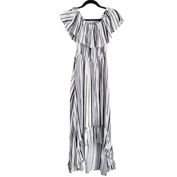 SOLD ! New Look Gray Striped Off Shoulder Casual Maxi Dress Size Small GUC - Picture 4 of 15